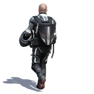 man in a motorbiker outfit walking