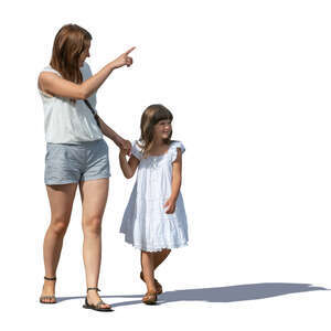 mother and daughter walking hand in hand and pointing at smth
