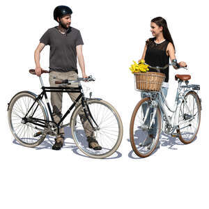 two people with bikes standing and talking