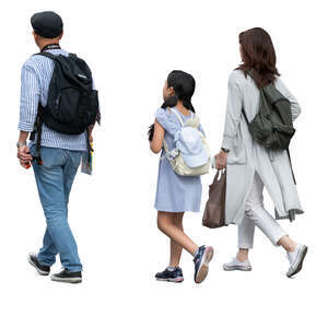 asian family of three walking