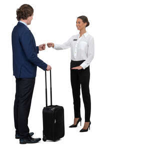 hotel receptionist talking to a businessman