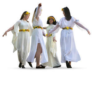 four women in white robes dancing