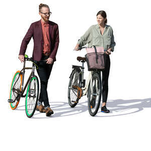 man and woman with bicycles walking