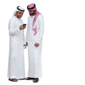 two emirati men standing and looking at a phone