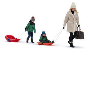 mother with two sons going sledging