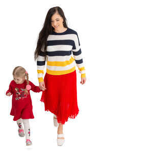 mother and daughter walking hand in hand seen from above