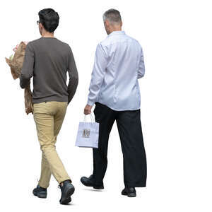 two men with flowers and a gift bag walking