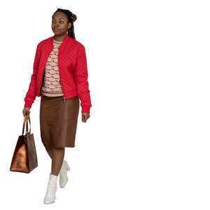 black woman in red jacket walking