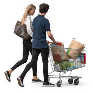 couple with a shopping cart walking