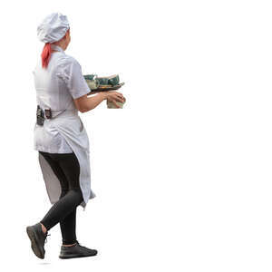 waitress with a tray full of dishes walking