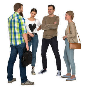 group of four young people standing and talking