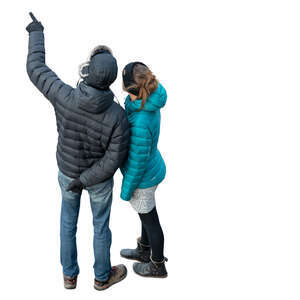 man and woman standing and pointing seen from above