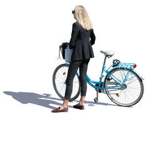 woman with a blue bike standing