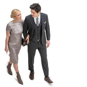 couple in formal party clothes walking seen from above