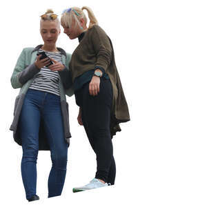 two women standing and looking at a phone seen from below