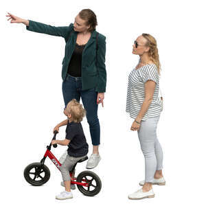 two women and a little boy standing and looking seen from above