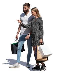 cut out man and woman with shopping bags standing and looking at smth