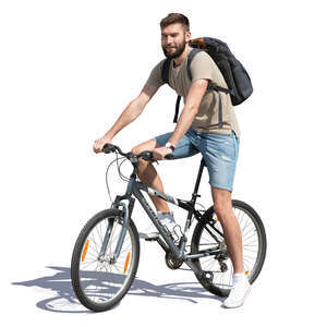 cut out young man with a backpack stopping while riding a bike