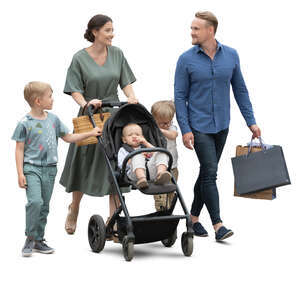 cut out family with three kids and a stroller walking on the street