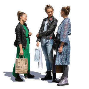 three cut out women with shopping bags standing and talking