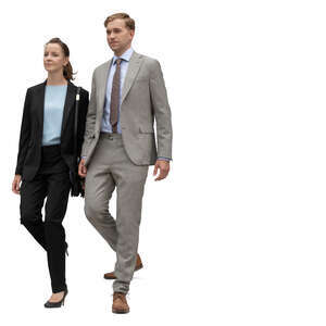 two cut out businesspeople walking down the stairs