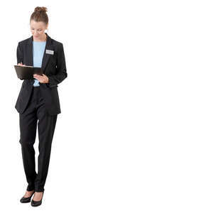 cut out female receptionist standing and writing