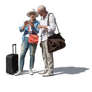 cut out elderly couple with suitcases standing and checking their phone
