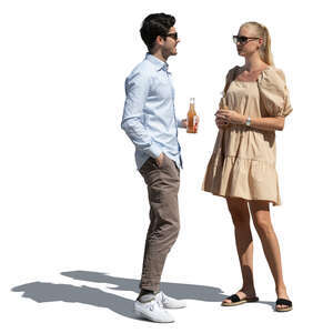 cut out man and woman standing and talking while drinking refreshing drinks