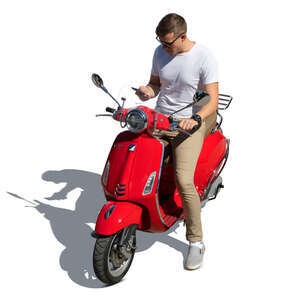 cut out man riding a red vespa scooter seen from above