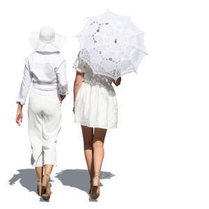 two cut out women in elegant white outfits walking