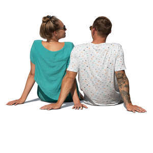 cut out man and woman sitting at the edge of a terrace seen from behind