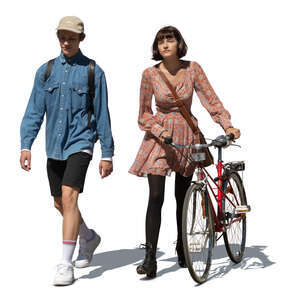 cut out young man and woman with a bicycle walking