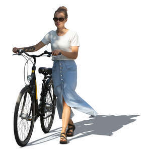 cut out woman with a bicycle walking in a tree shade