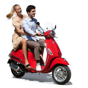cut out young man and woman riding together on a red vespa