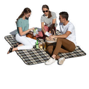 cut out group of three friends having a picnic seen from above