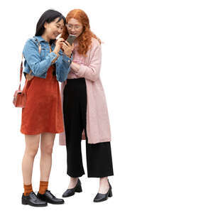 two cut out women standing and looking at a phone together