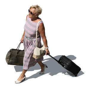 cut out older lady with travelling bags walking seen from above