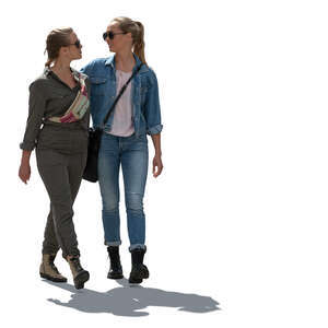 two cut out backlit women walking arm in arm 