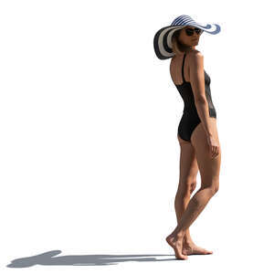sidelit woman in a swimsuit and wearing a big summer hat standing
