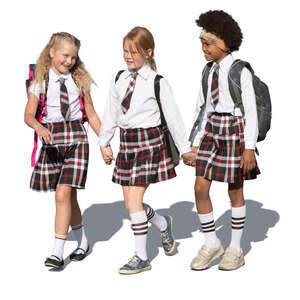 three cut out schoolgirls in school uniforms walking hand in hand