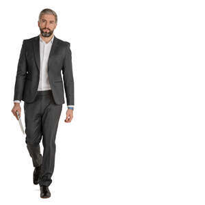 cut out man in a grey suit walking