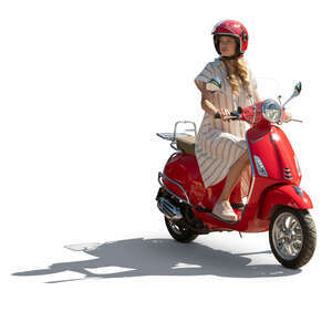 cut out sidelit woman riding a red vespa scooter
