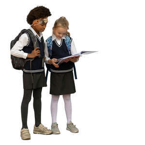 two cut out schoolgirls standing and reading a book