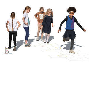 cut out five girls playing hopscotch