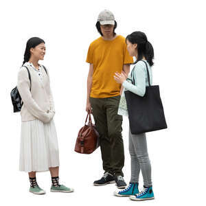 cut out group of three asian people standing and talking