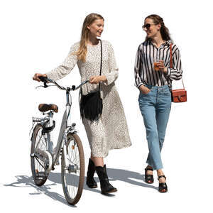two cut out young women with a bicycle walking and talking