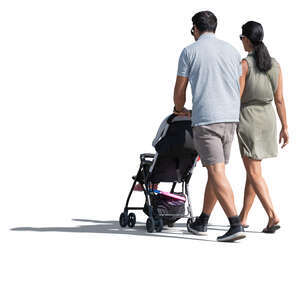 couple with a baby stroller walking