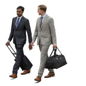 two cut out travelling businessmen walking and talking