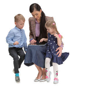 cut out woman with two kids sitting and watching smth from a tablet