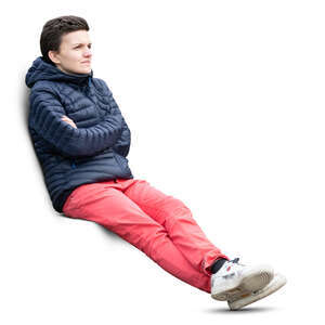 cut out woman in a blue puff jacket sitting